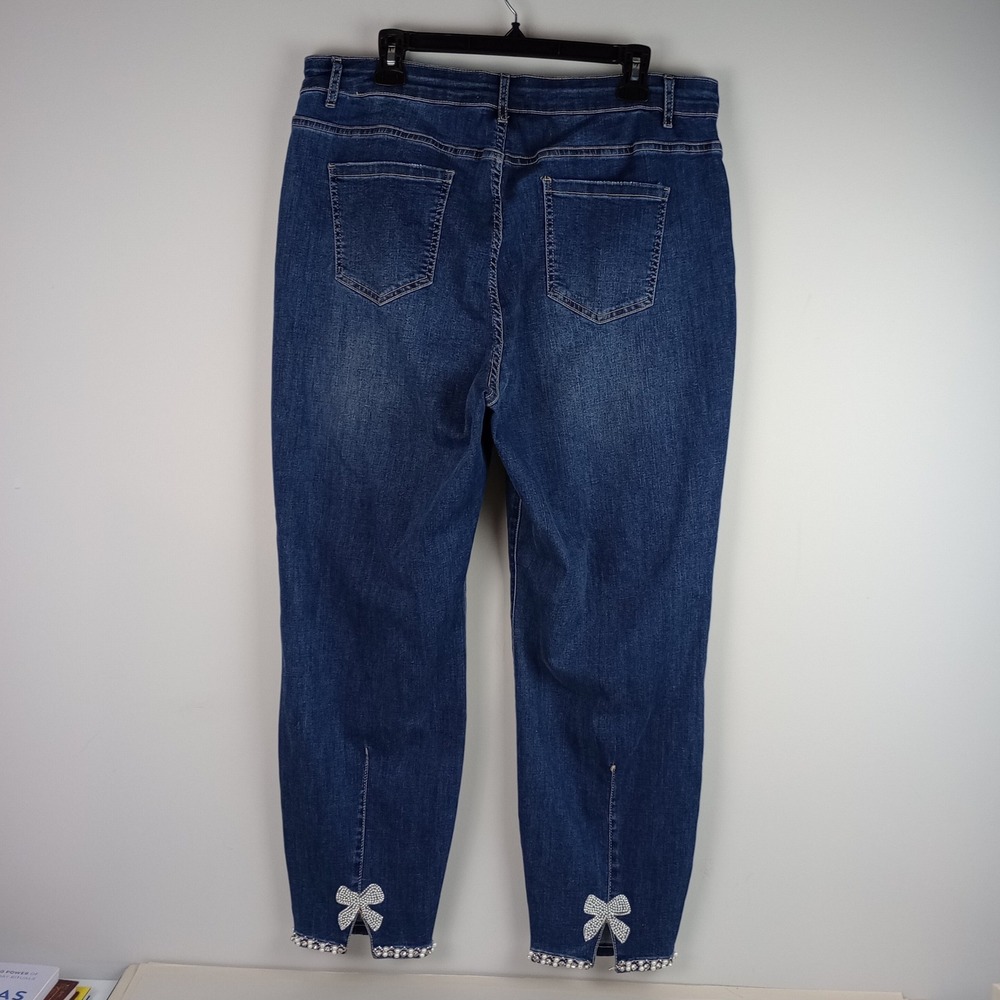 Frank Lyman Womens XXL Blue Pearl Rhinestone Bow Hem Stretch Denim Skinny Jeans